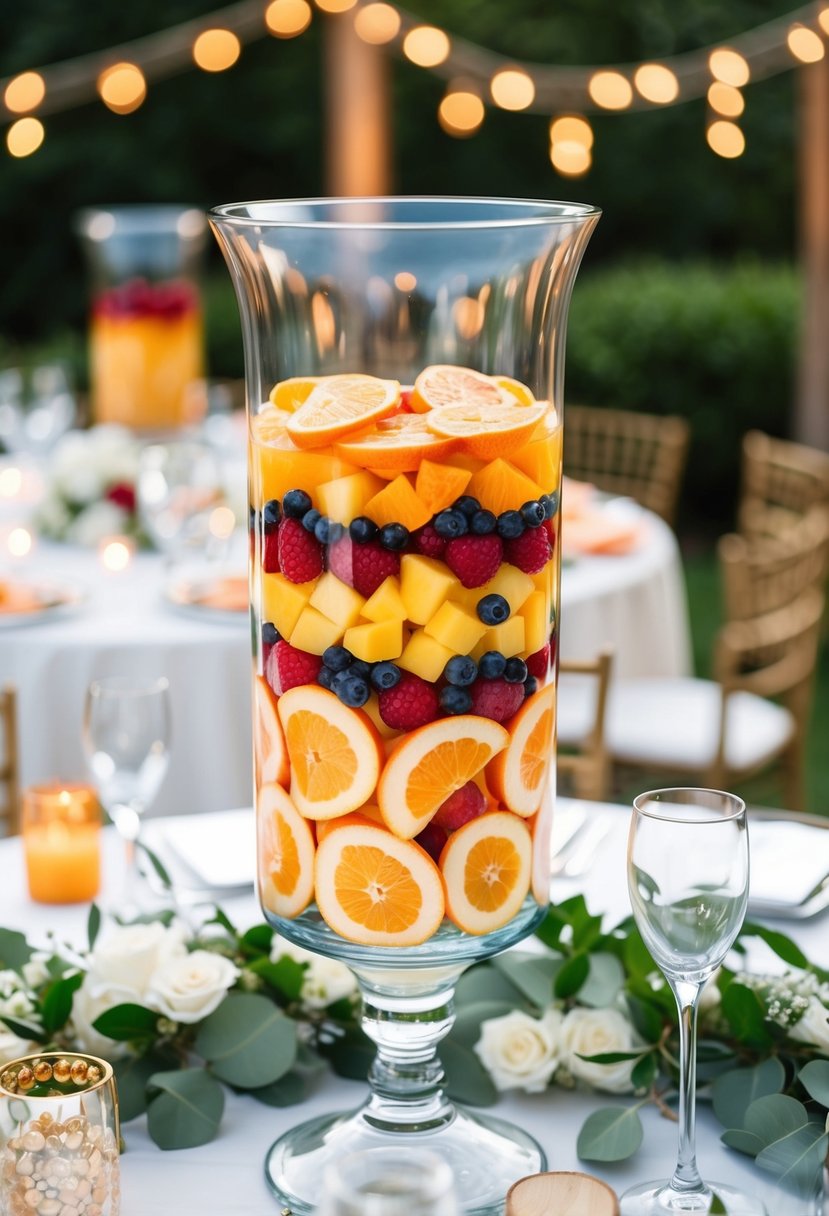 A hurricane vase filled with layered fruit slices and clear beads, serving as a wedding centerpiece