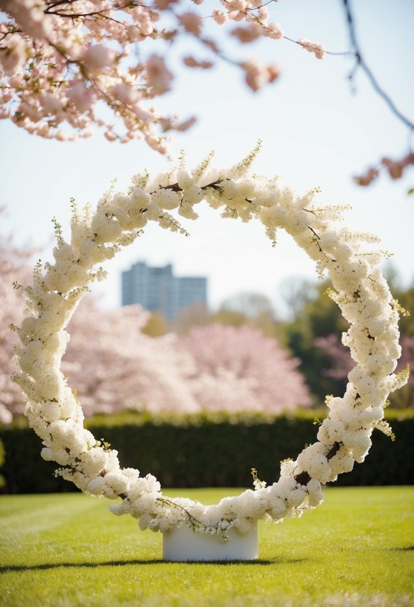 A circular wedding arch adorned with cherry blossoms, creating an elegant and romantic atmosphere