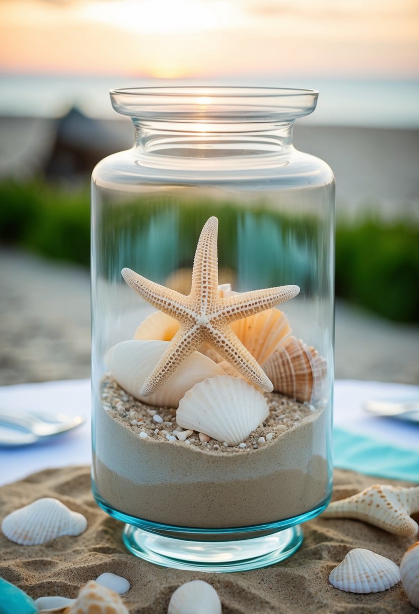 A clear glass hurricane vase filled with sand, shells, and starfish, serving as a beachy wedding centerpiece