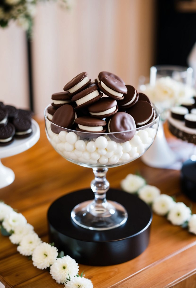 A candy bar with chocolate-covered Oreos displayed at a wedding reception