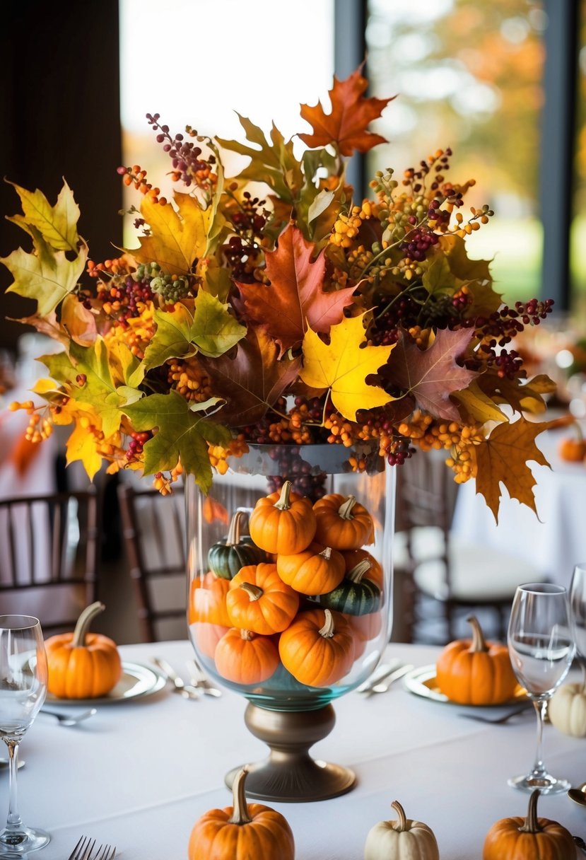 A hurricane vase filled with colorful autumn leaves and mini pumpkins, serving as a wedding centerpiece