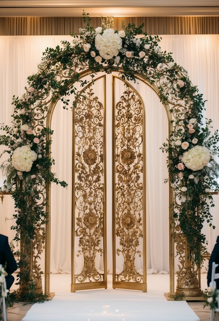 A grand, ornate vintage gold wedding arch stands adorned with intricate floral and filigree designs, creating a stunning backdrop for a ceremony