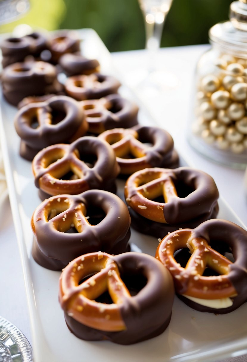 Pretzels dipped in chocolate arranged on a wedding candy bar