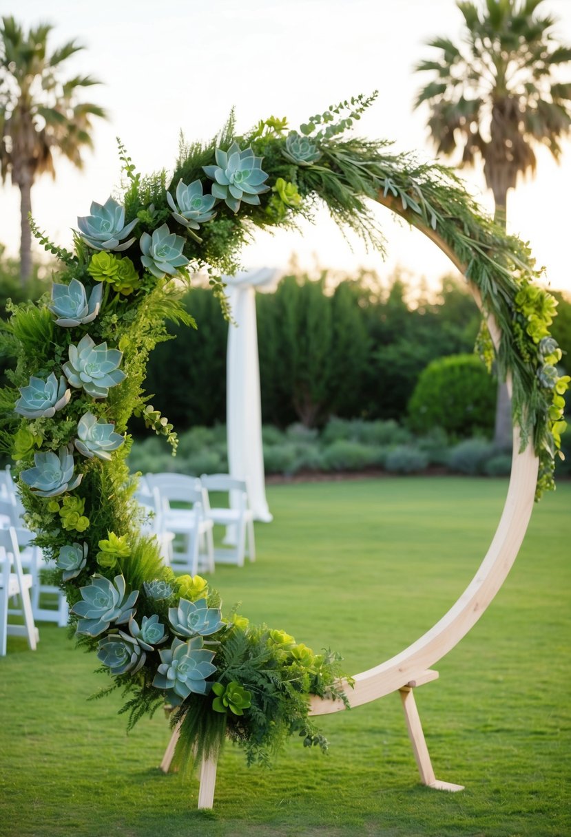 A circular wedding arch adorned with lush succulents and greenery, creating a natural and elegant backdrop for a wedding ceremony