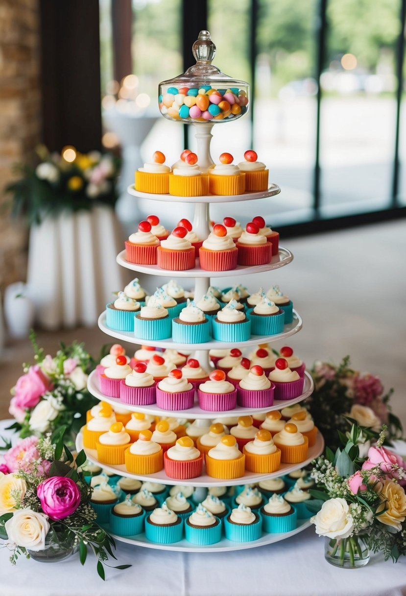 A colorful candy bar with mini cheesecakes displayed on tiered stands, adorned with wedding decor and surrounded by floral arrangements