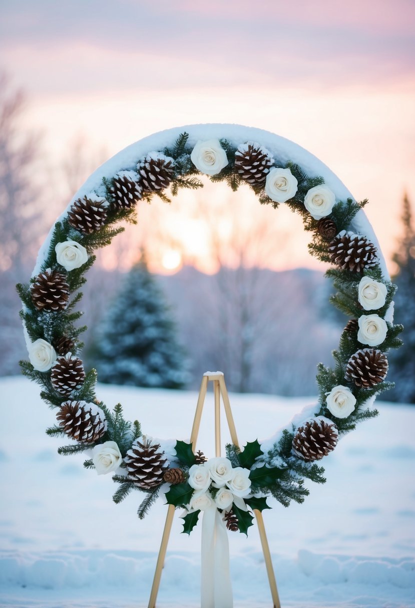 A snow-covered circle arch adorned with pine cones, holly, and white roses, set against a backdrop of frosty trees and a soft, pink sunset