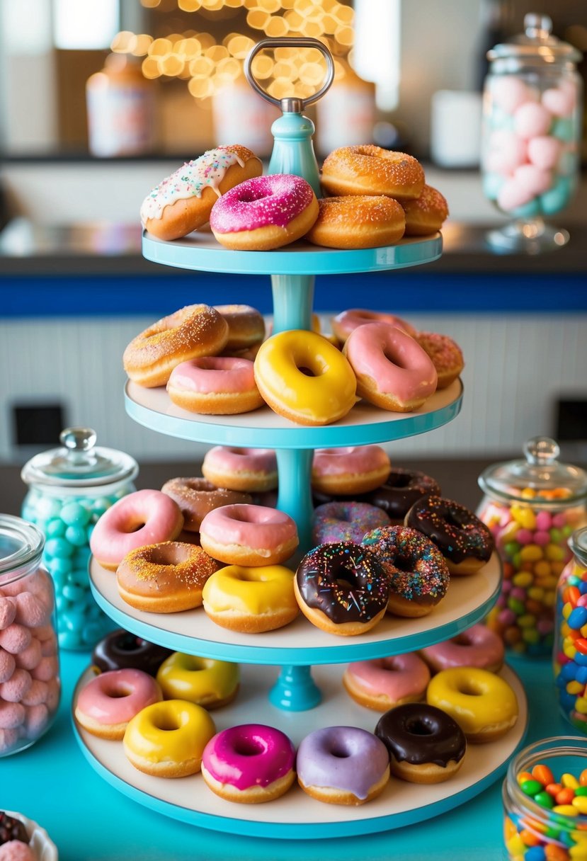 A colorful display of assorted donuts arranged on a tiered stand, surrounded by jars of candy and sweet treats