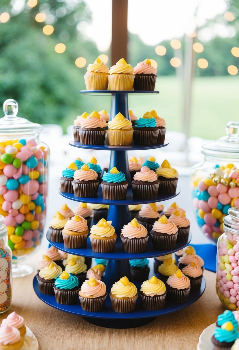 A colorful array of cupcakes arranged on a tiered display, surrounded by jars of candy and sweet treats for a wedding dessert bar