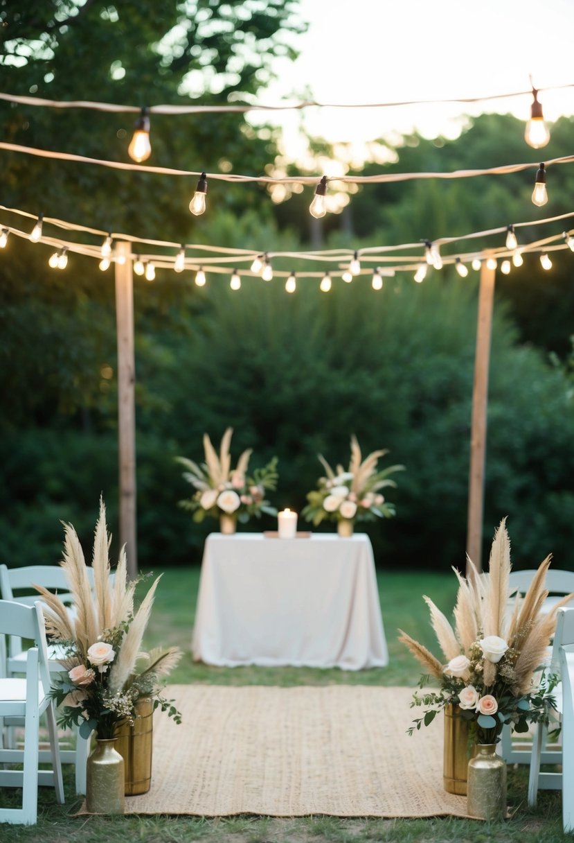 A rustic outdoor setting with string lights, floral arrangements, and a simple altar made of natural materials