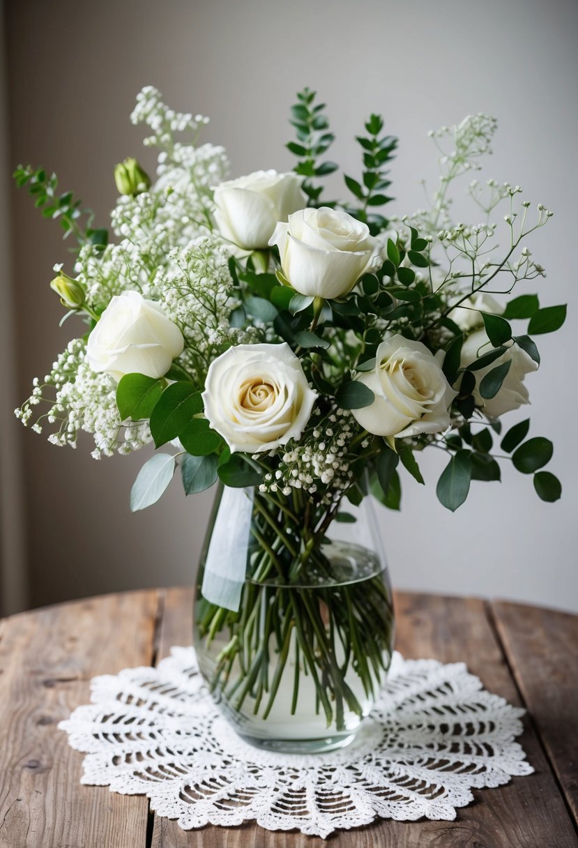 A glass vase filled with white roses, baby's breath, and greenery, placed on a lace doily atop a rustic wooden table