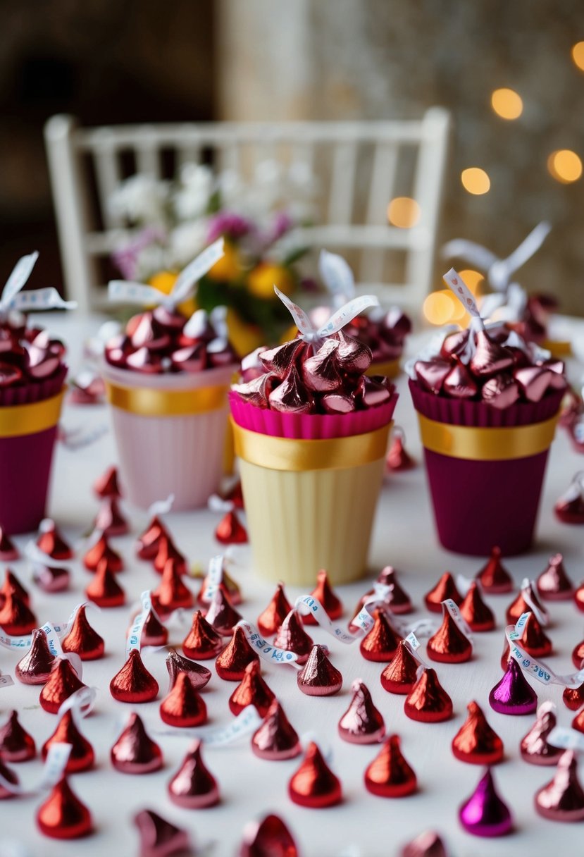 A table scattered with Hershey's Kisses wedding favors, adorned with ribbons and arranged in decorative containers