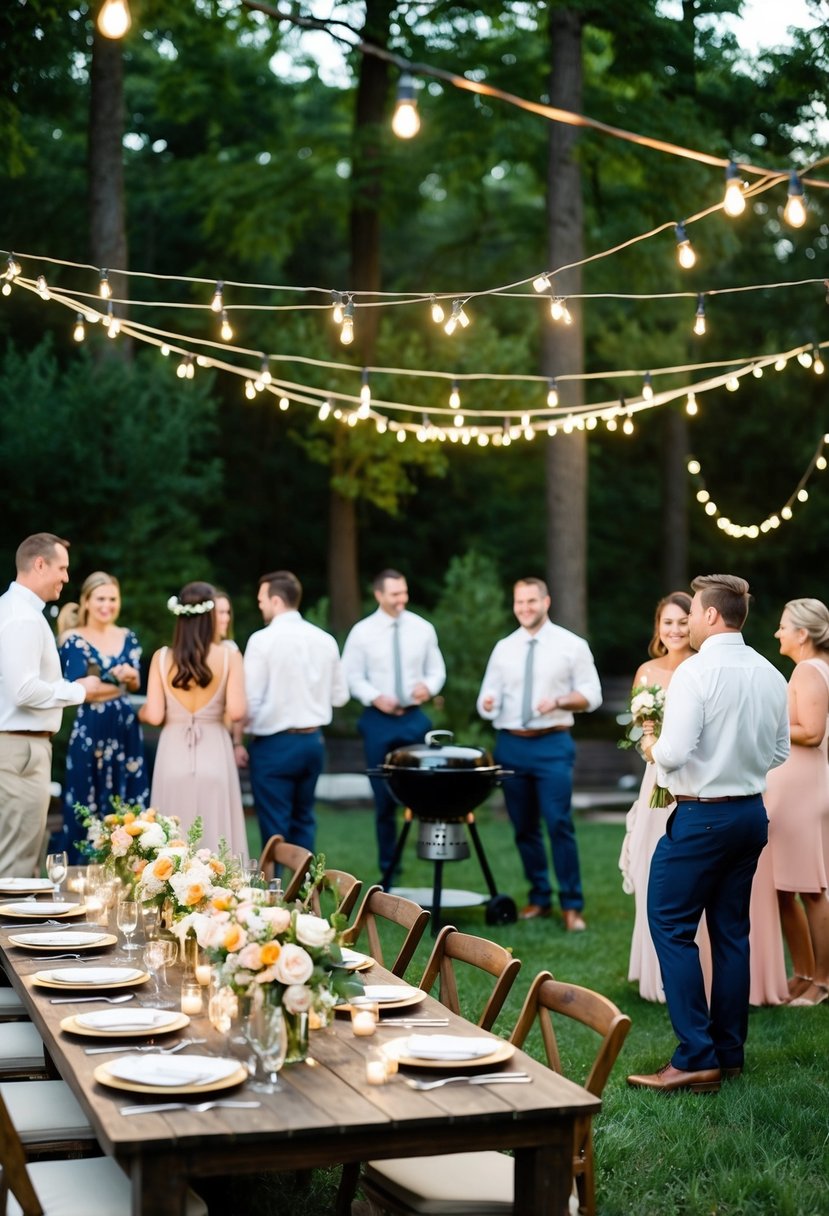 A backyard barbecue reception with string lights, a grill, and tables adorned with flowers and candles. Guests mingle and enjoy the casual, intimate atmosphere