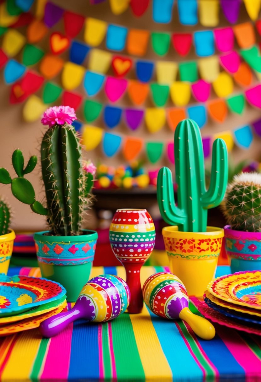 A vibrant fiesta with colorful papel picado, maracas, and cacti decor