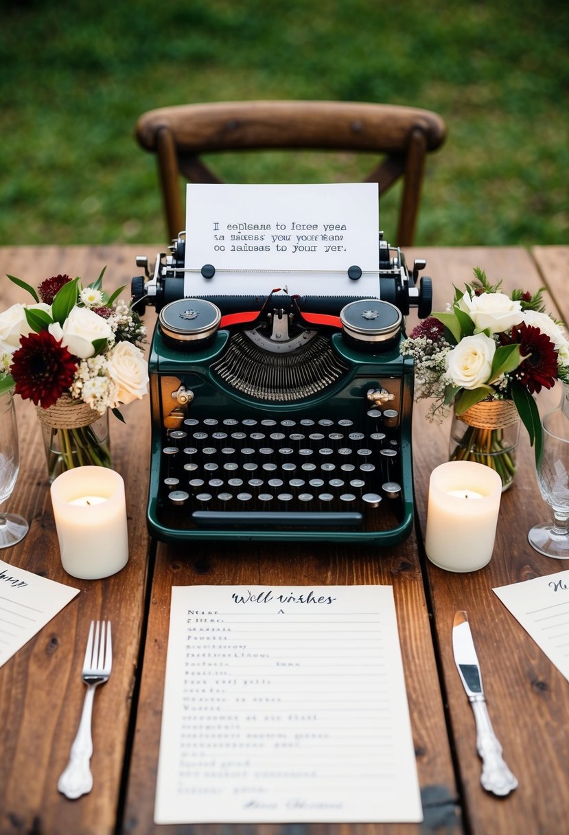 A rustic wooden table with a vintage typewriter, surrounded by flowers and candles, ready for guests to leave their well-wishes