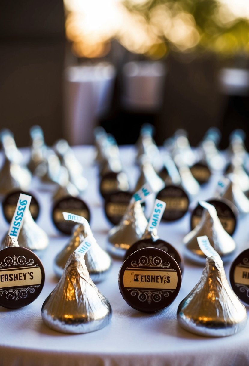 A table filled with personalized Hershey's Kisses, each wrapped in custom packaging with a wedding date