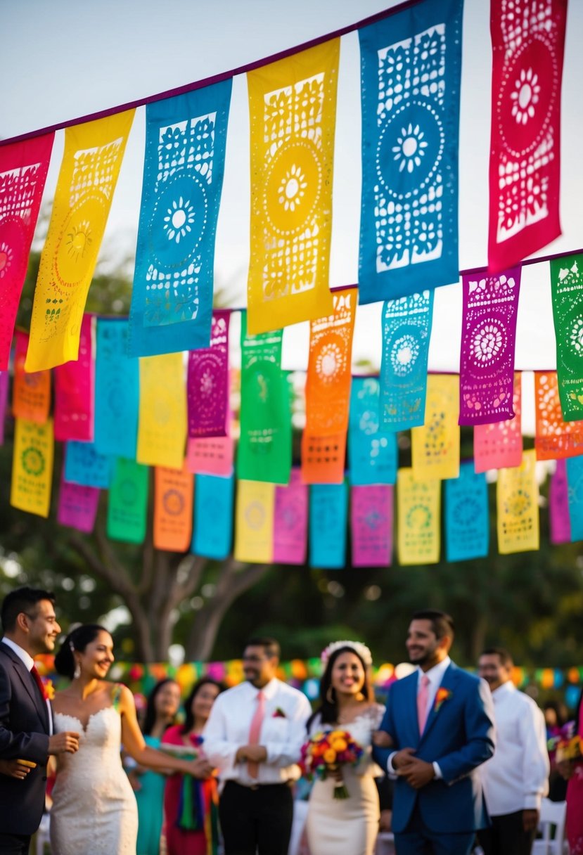 Vibrant papel picado banners hang overhead, swaying gently in the breeze, adding a festive touch to the Mexican wedding celebration