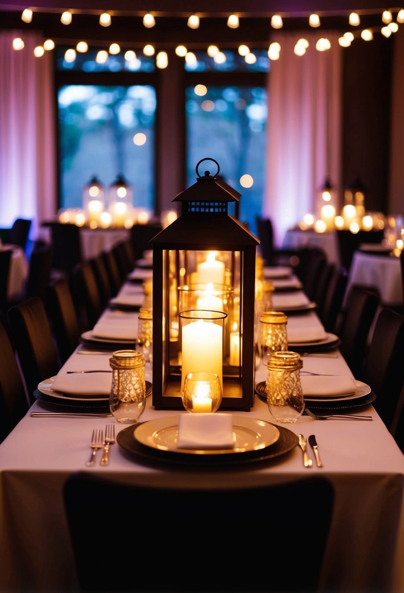 A table adorned with lantern centerpieces, casting a warm glow in a dimly lit room