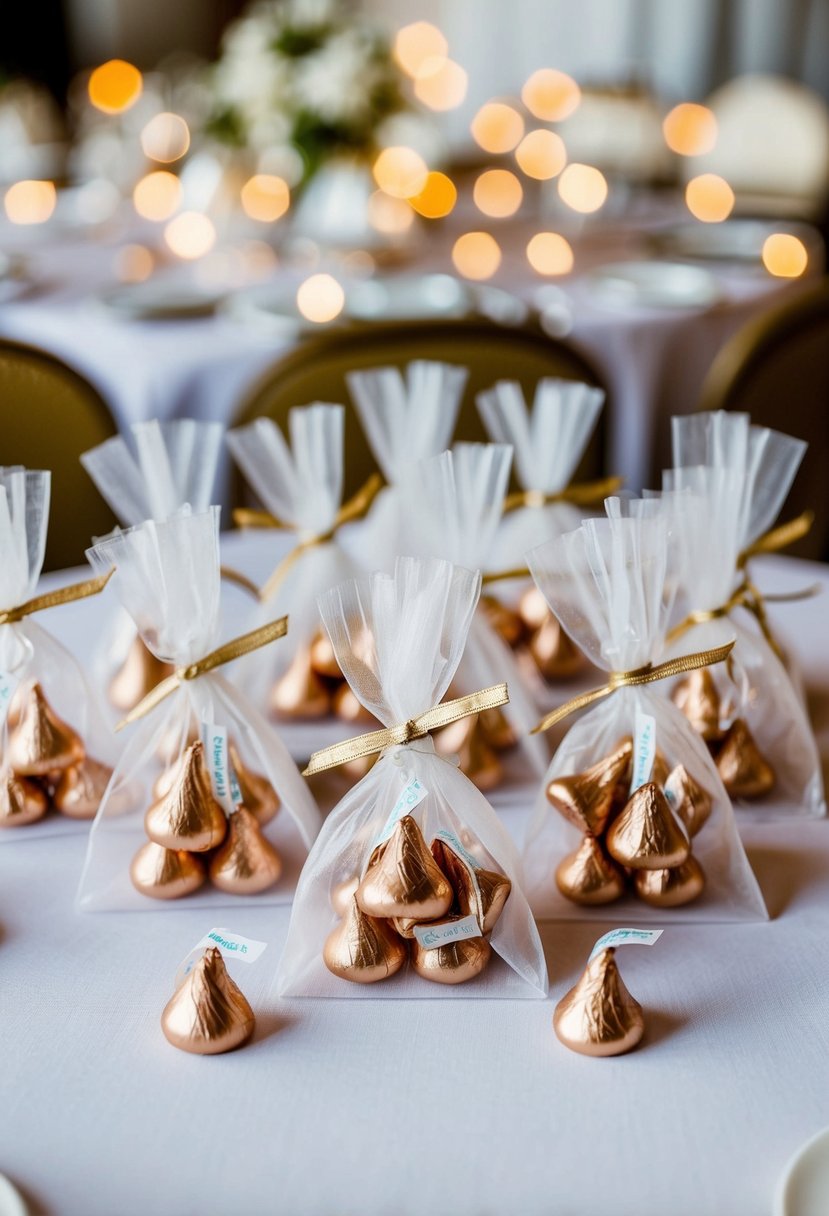 A table covered in organza bags filled with Hershey Kisses, tied with ribbon, and arranged as wedding favors