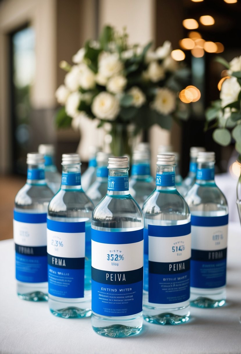 Bottled water with custom labels arranged on a table for a last-minute wedding