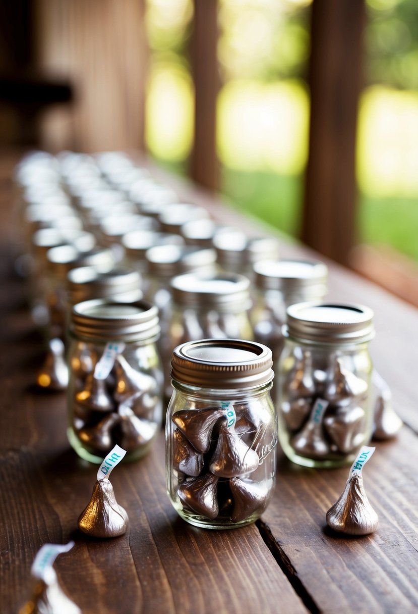 Mini Mason Jars filled with Hershey Kisses arranged on a rustic wooden table for wedding favors