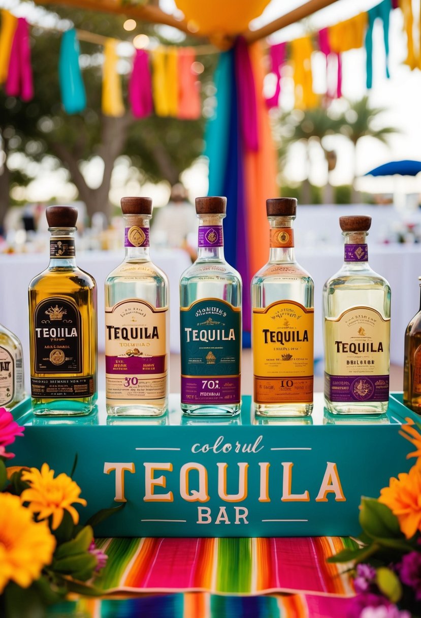 A colorful tequila tasting bar at a Mexican wedding, with vibrant decor and a variety of tequila bottles on display