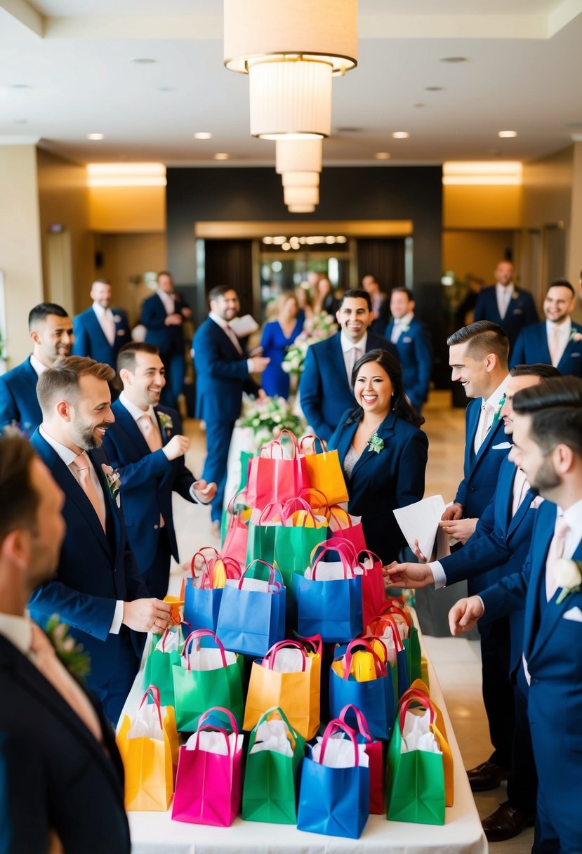 A hotel lobby with a table piled high with colorful welcome bags, surrounded by bustling staff and excited wedding guests