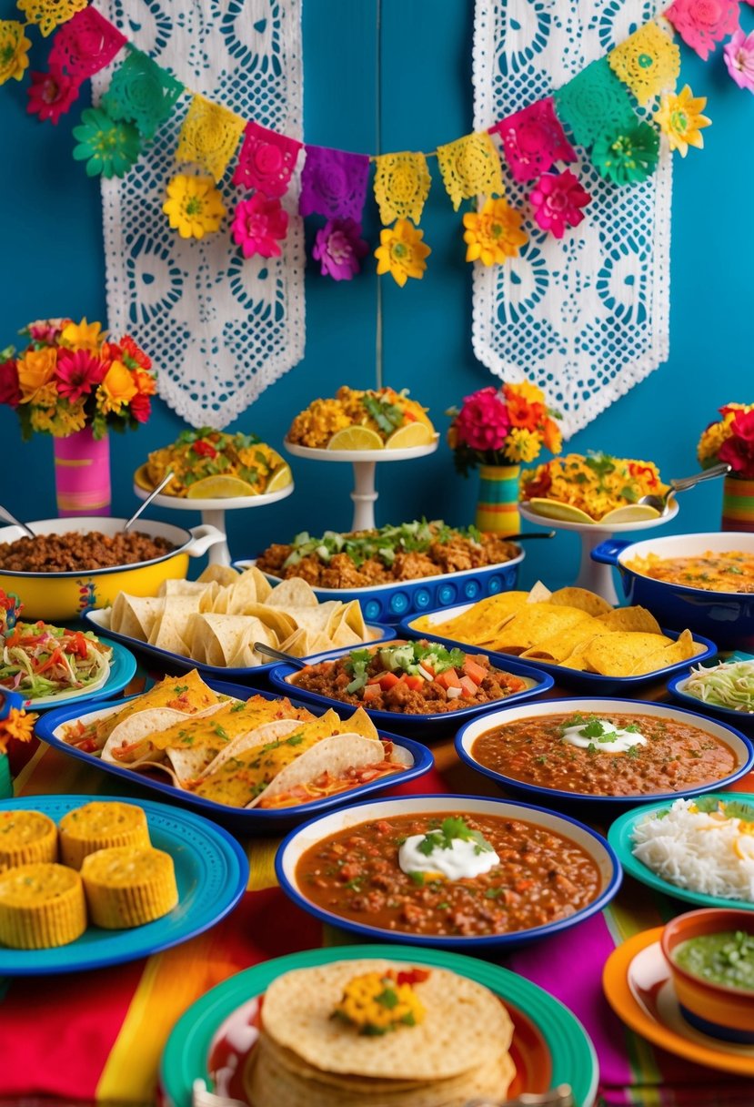 A colorful buffet spread of traditional Mexican dishes, including tamales, enchiladas, tacos, and chiles rellenos, set against a festive backdrop of papel picado banners and vibrant floral arrangements