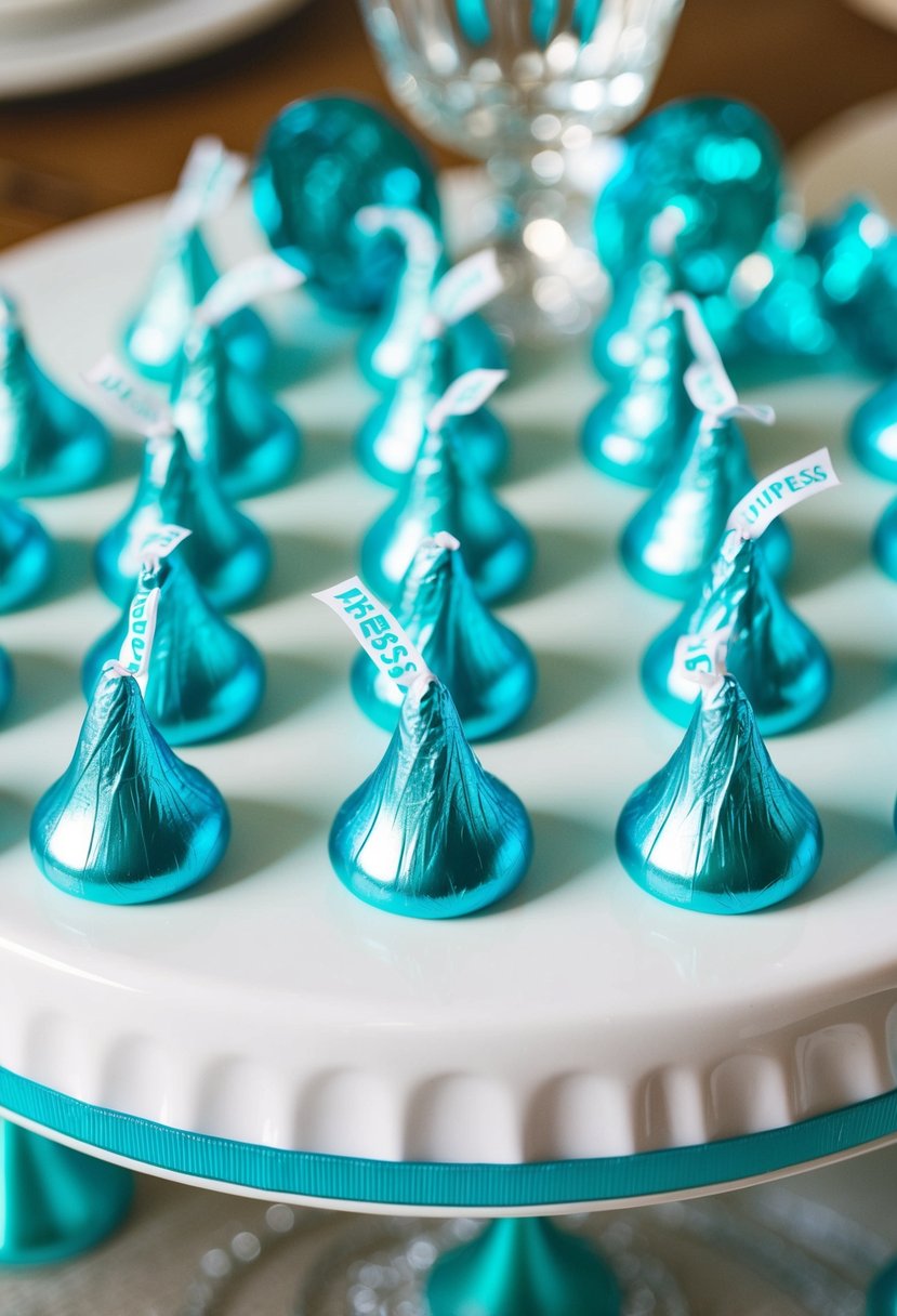 A table adorned with Tiffany Blue Hershey's Kisses wedding favors for a bridal shower