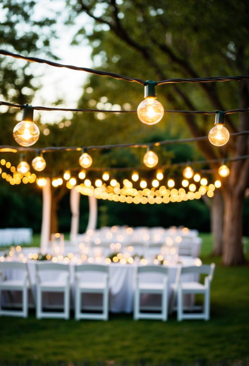 String lights hang from trees, casting a warm glow over outdoor wedding seating