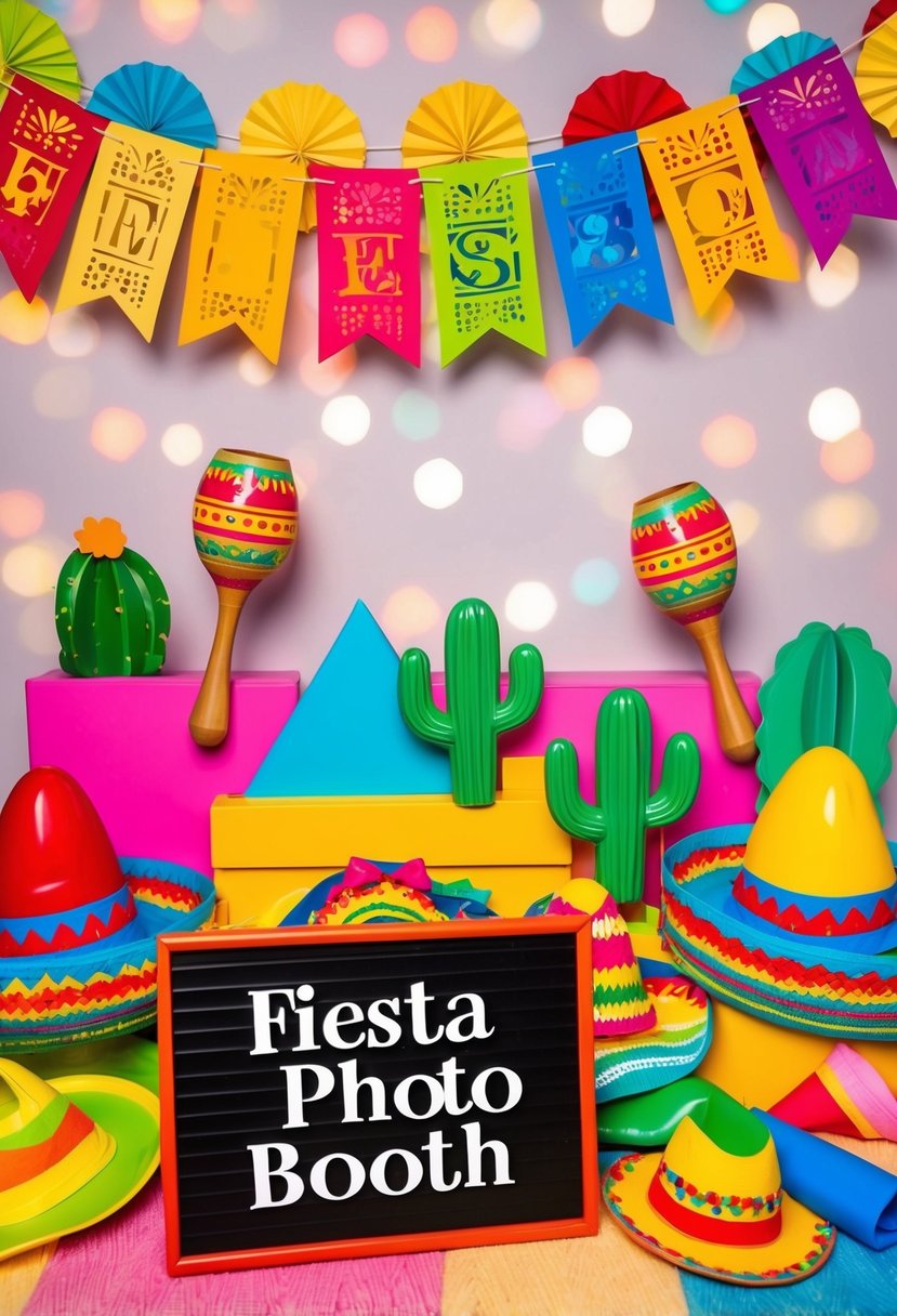 A colorful photo booth with papel picado banners, maracas, sombreros, and cactus props. Brightly colored backdrop with festive lights and a sign for "Fiesta Photo Booth."