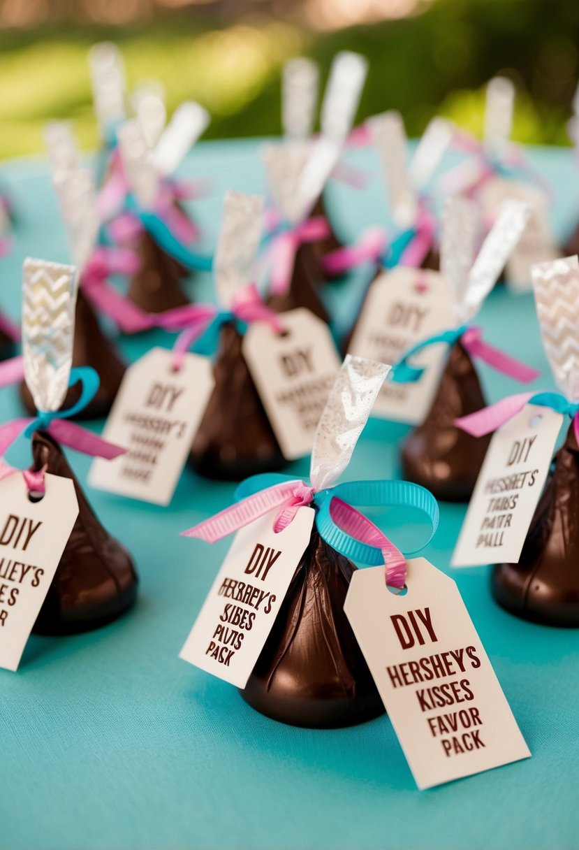 A table adorned with DIY Hershey's Kisses wedding favor packs, decorated with ribbons and personalized tags