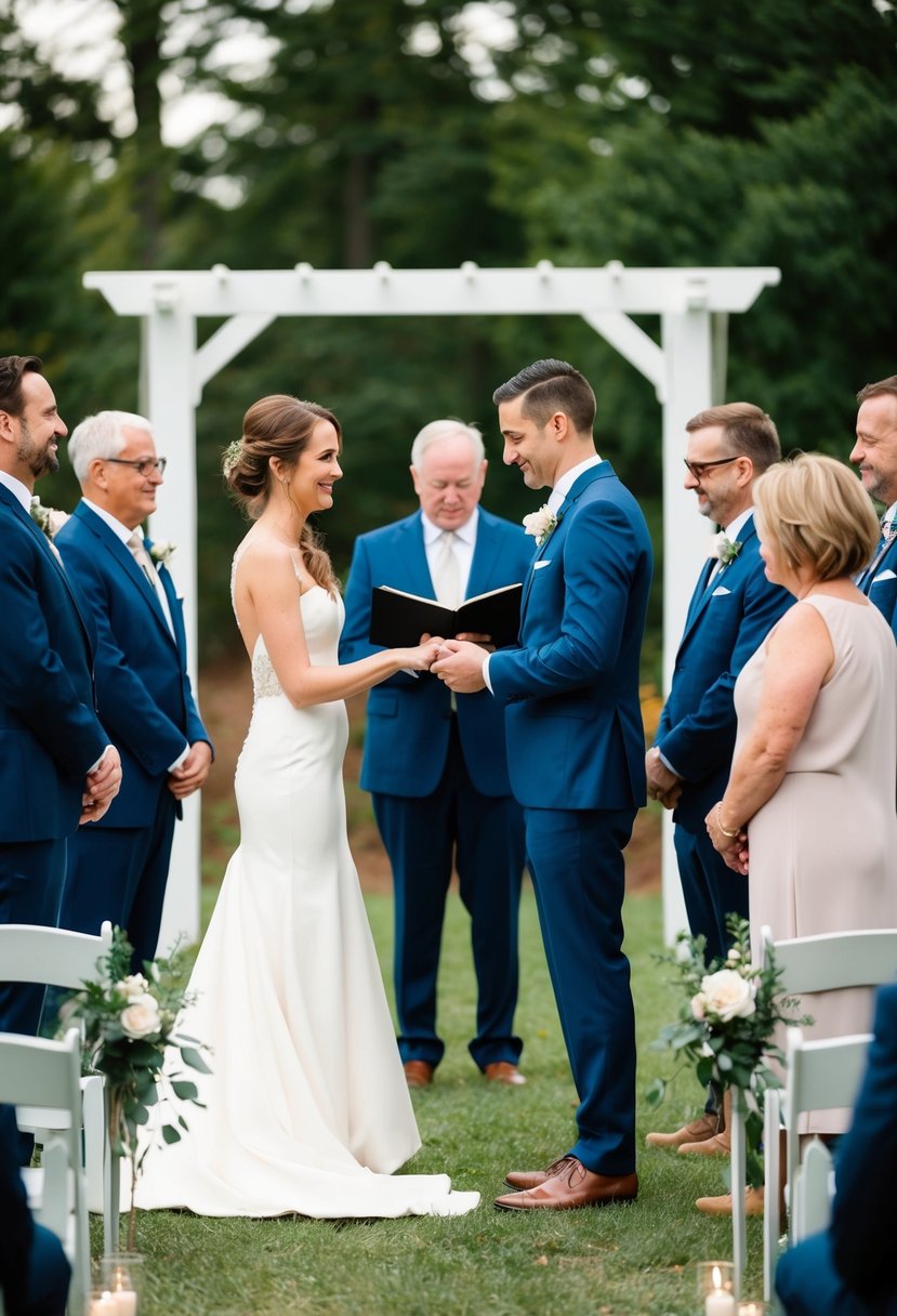 An outdoor wedding ceremony with guests standing as the couple exchanges vows without microphones or amplification. The setting is natural and intimate