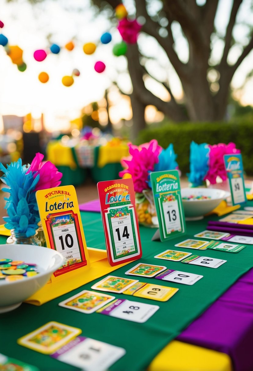 A table set with Lotería game cards and colorful decorations for a Mexican wedding celebration