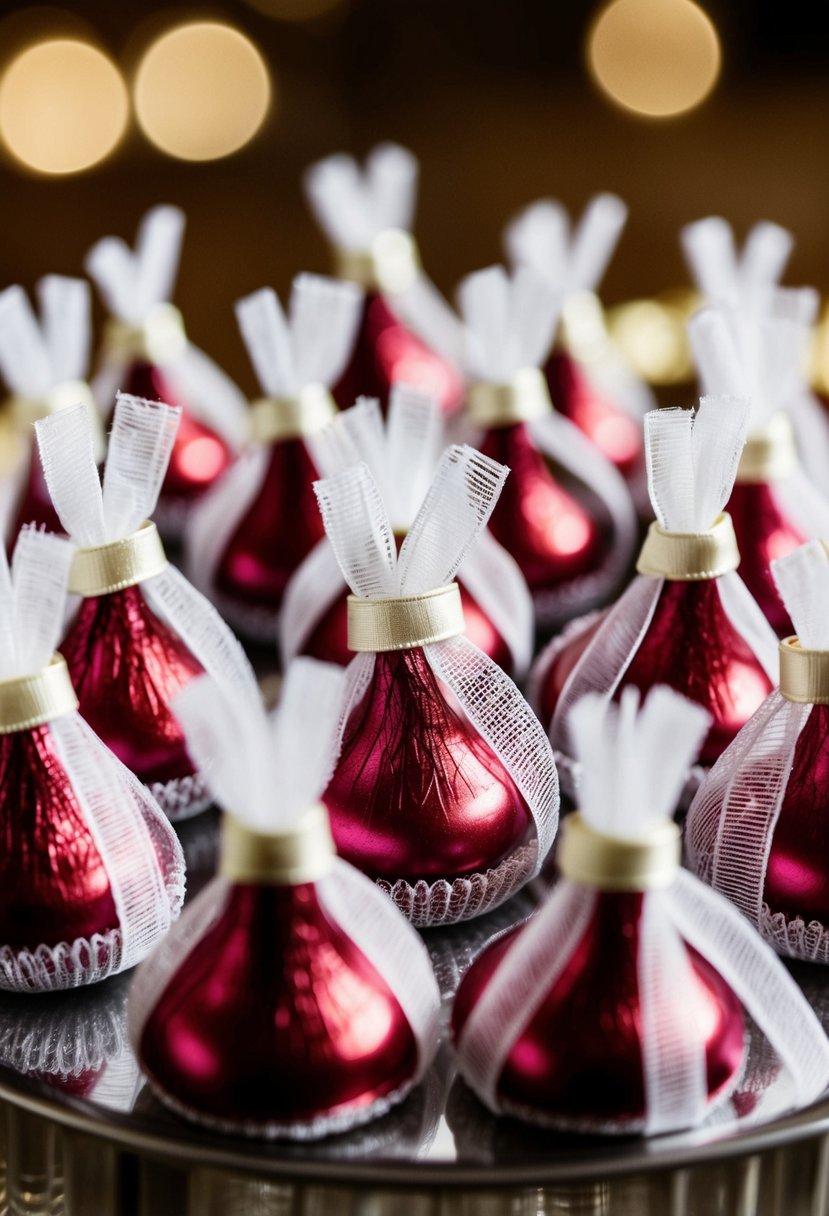 Hershey's Kisses wrapped in tulle, tied with ribbon, arranged in a decorative display for wedding favors