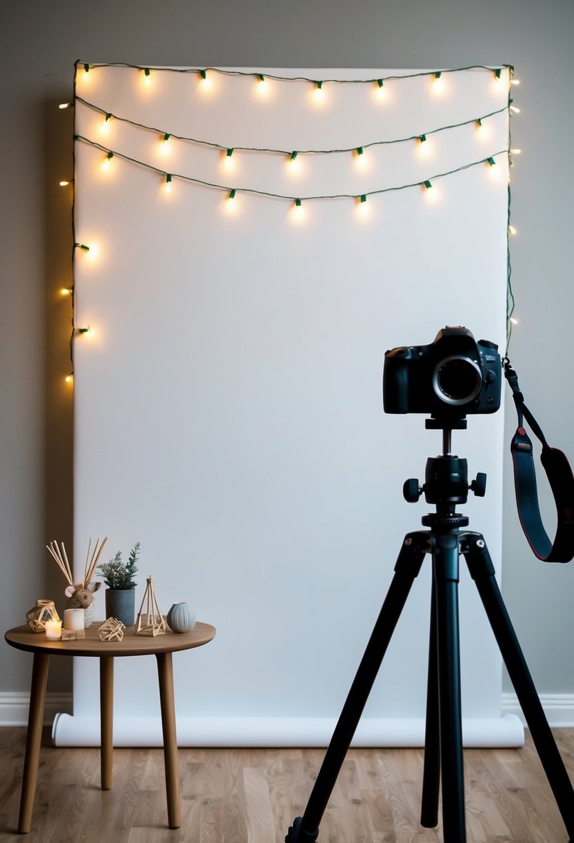 A simple backdrop with hanging fairy lights, a table with props, and a camera on a tripod