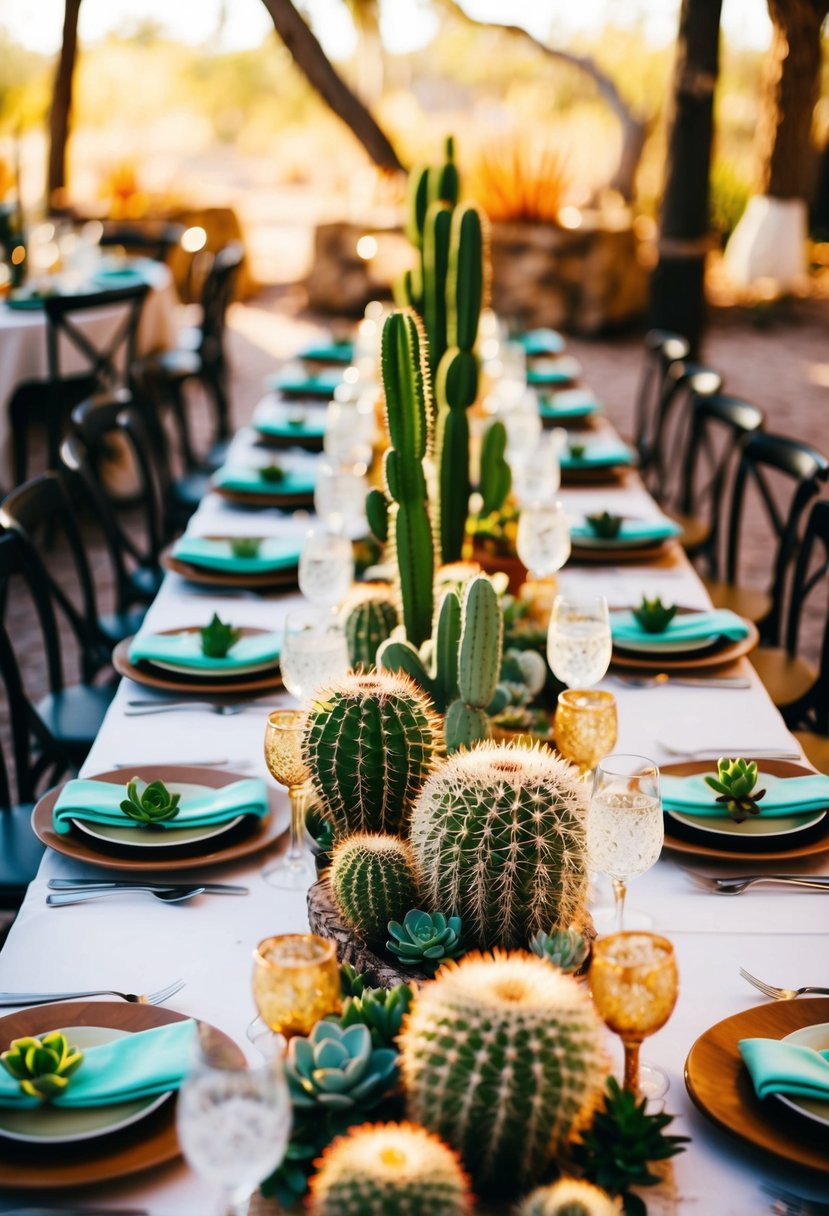 A table adorned with vibrant cactus and succulent centerpieces, creating a natural and rustic ambiance for a Mexican wedding celebration