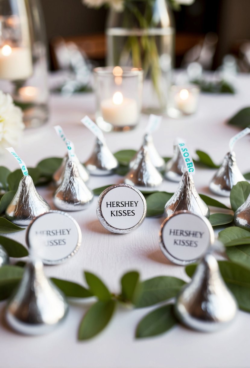 A table with personalized Hershey Kisses labels, surrounded by wedding decor and favors