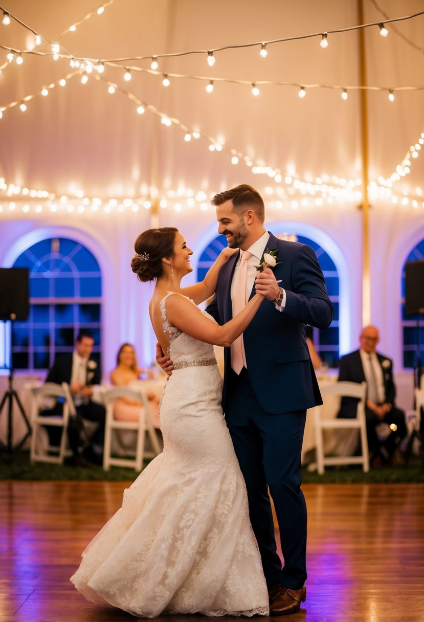 A couple dancing to music under twinkling lights in a last-minute wedding setup