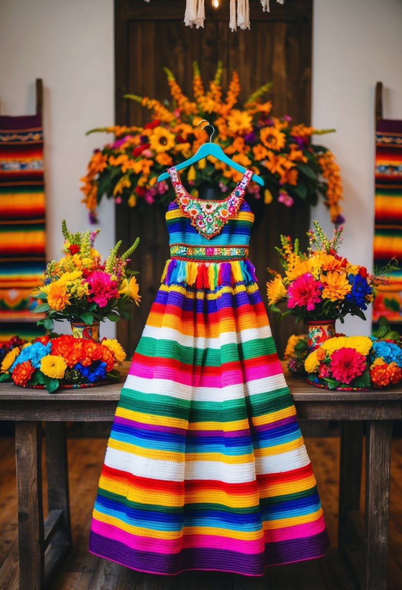 A colorful handcrafted Mexican wedding dress displayed on a rustic wooden table, surrounded by vibrant flowers and traditional Mexican decor