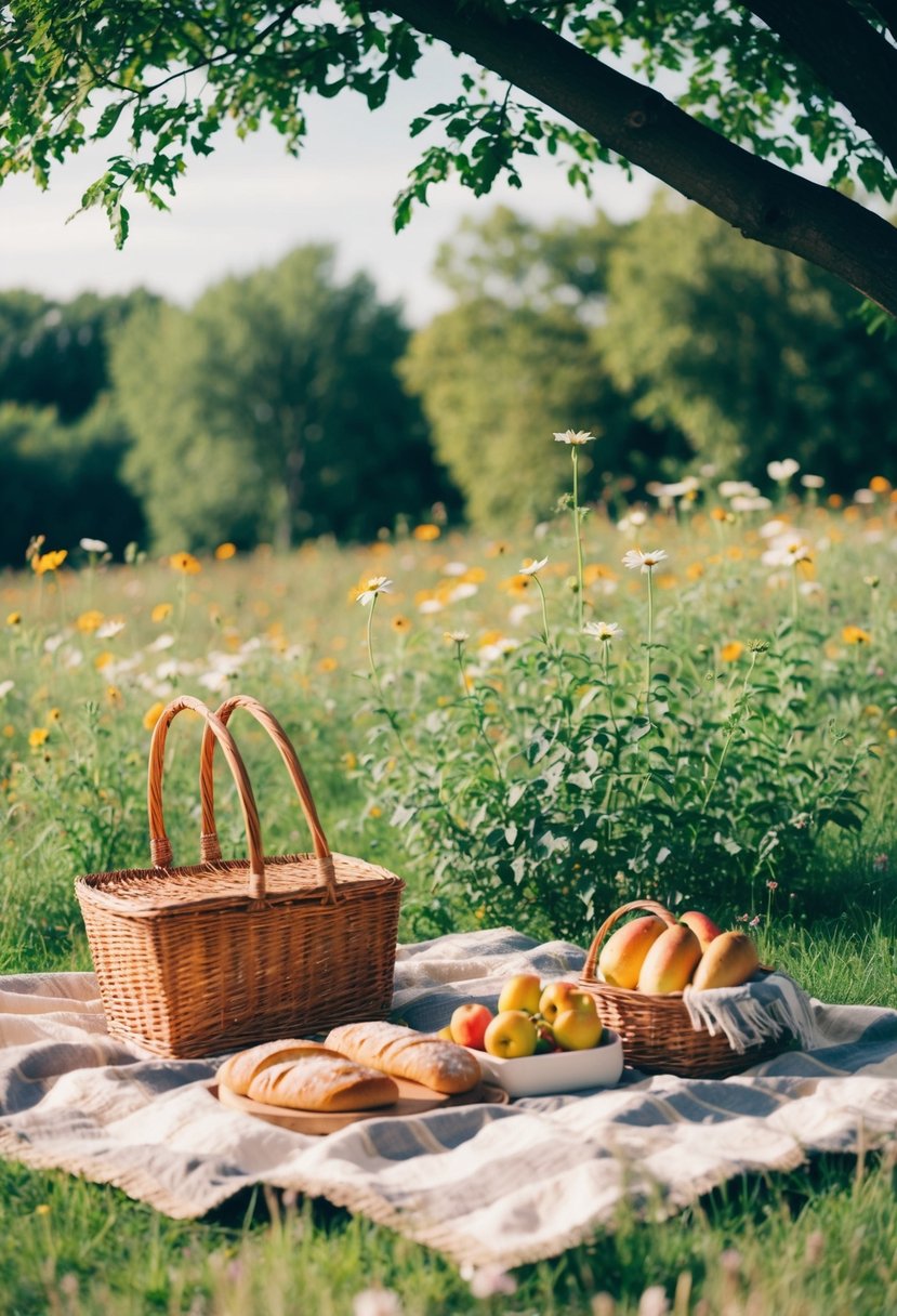 A cozy picnic blanket spread under a shady tree, surrounded by wildflowers and a basket filled with fresh fruits and bread