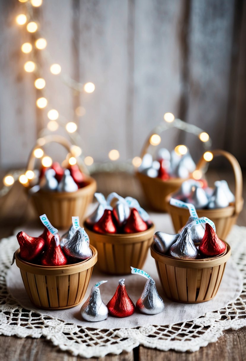 Small baskets of Hershey Kisses arranged on a rustic wooden table. Twinkling fairy lights and delicate lace add a romantic touch to the display