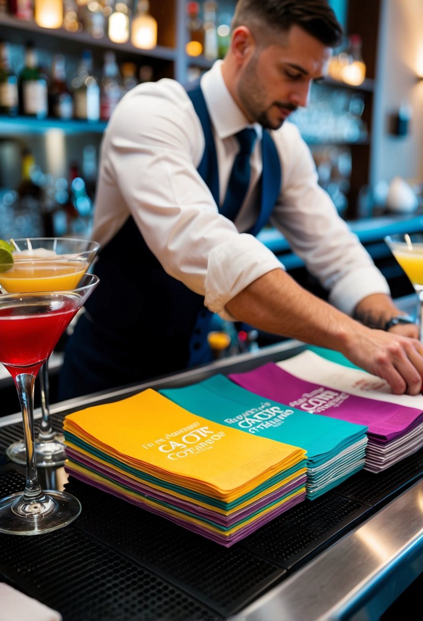 A bartender sets up a colorful array of custom cocktail napkins on a sleek bar counter, ready for a last-minute wedding celebration