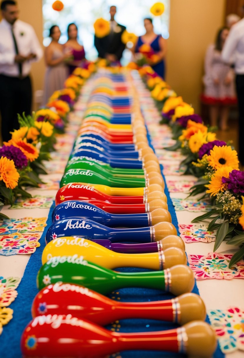 Colorful maracas arranged in rows on a table, each adorned with the names of the bride and groom, surrounded by festive papel picado and flowers