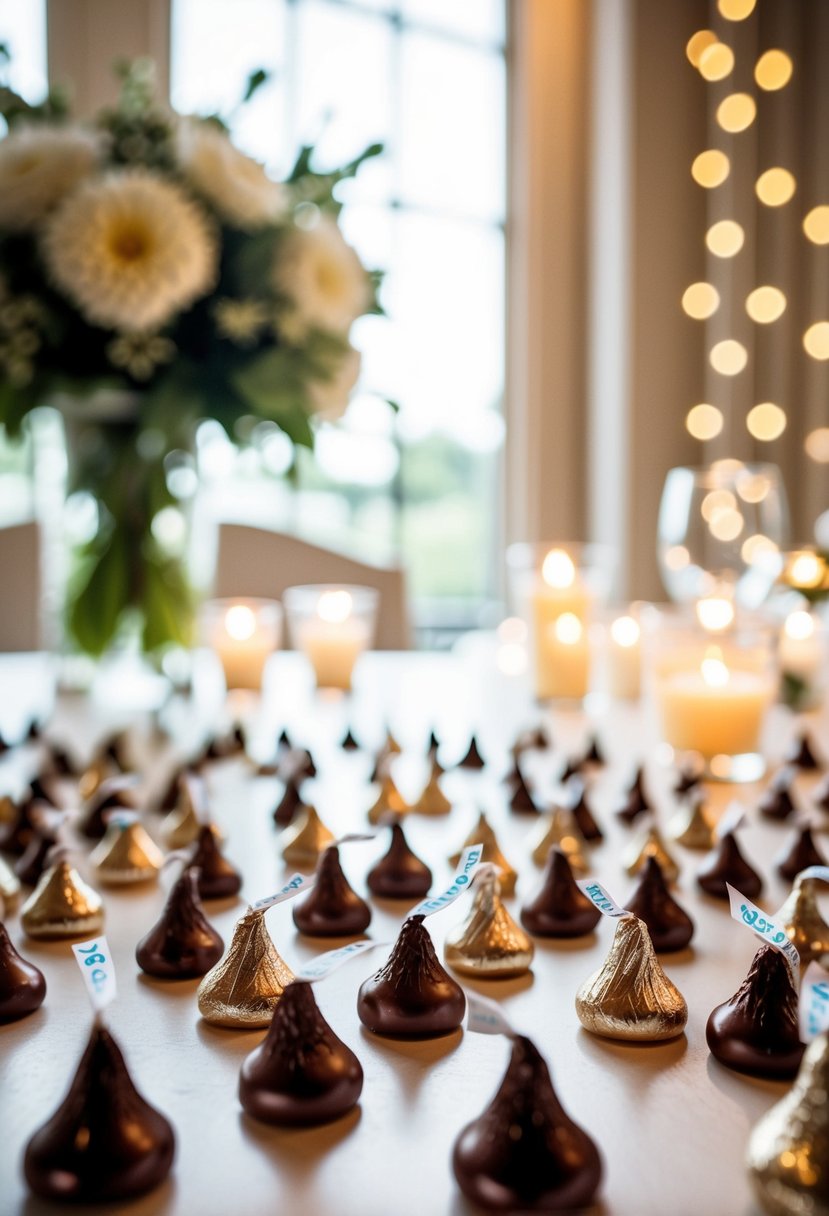 A table scattered with Hershey Kisses wedding invitations and favors, with elegant decorations and soft lighting