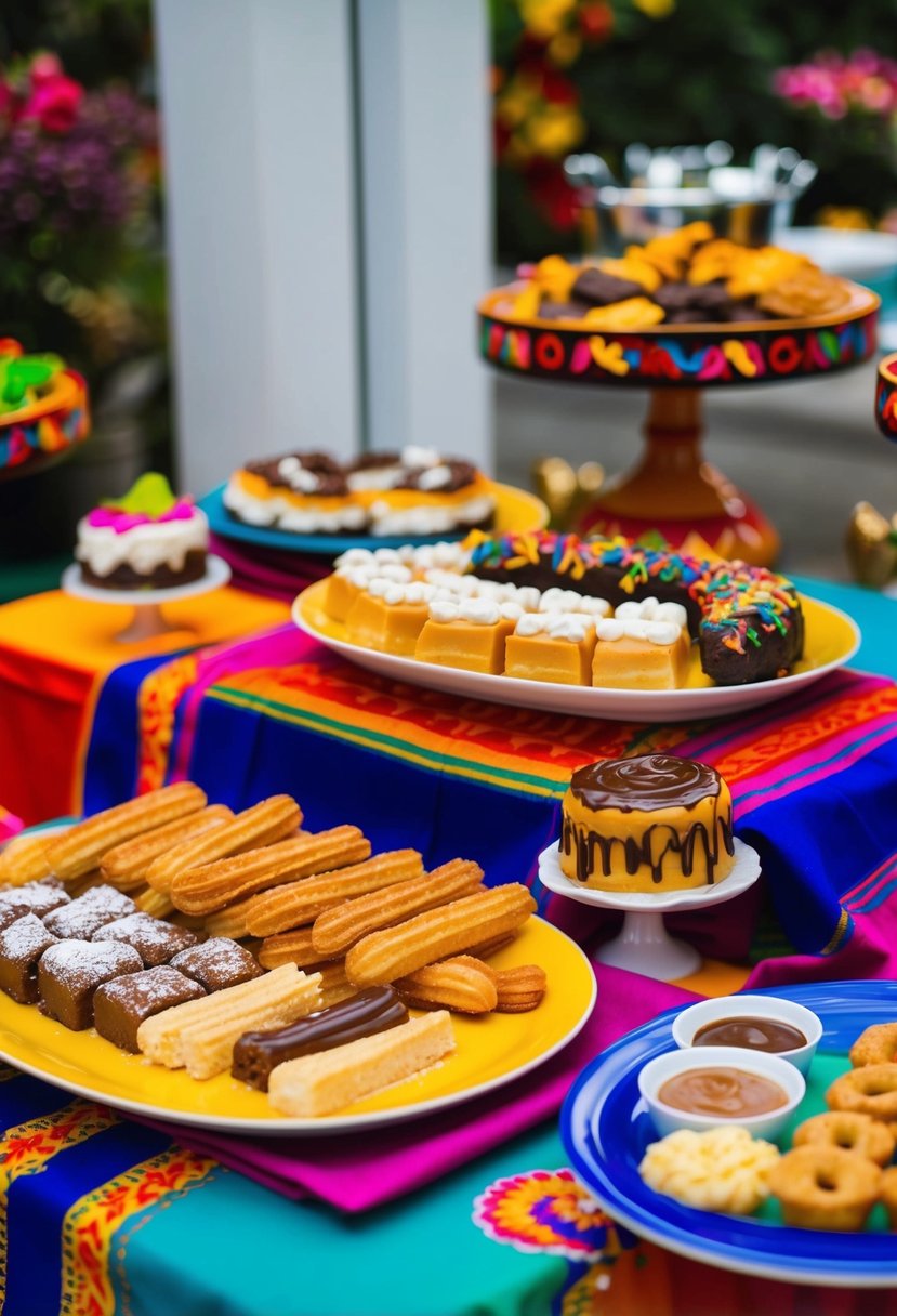 A colorful Mexican dessert station with churros, dulce de leche, and traditional Mexican sweets displayed on vibrant tablecloths