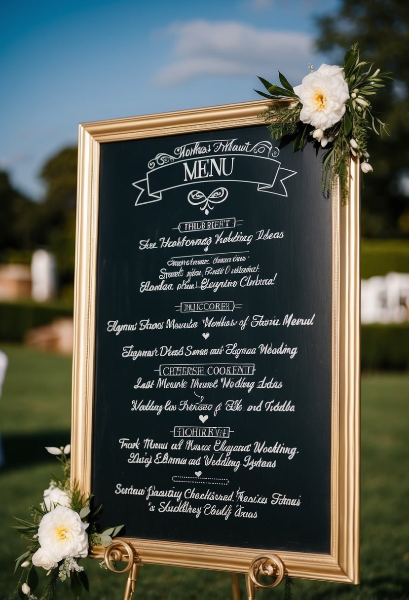 A chalkboard menu with elegant script showcasing last-minute wedding ideas