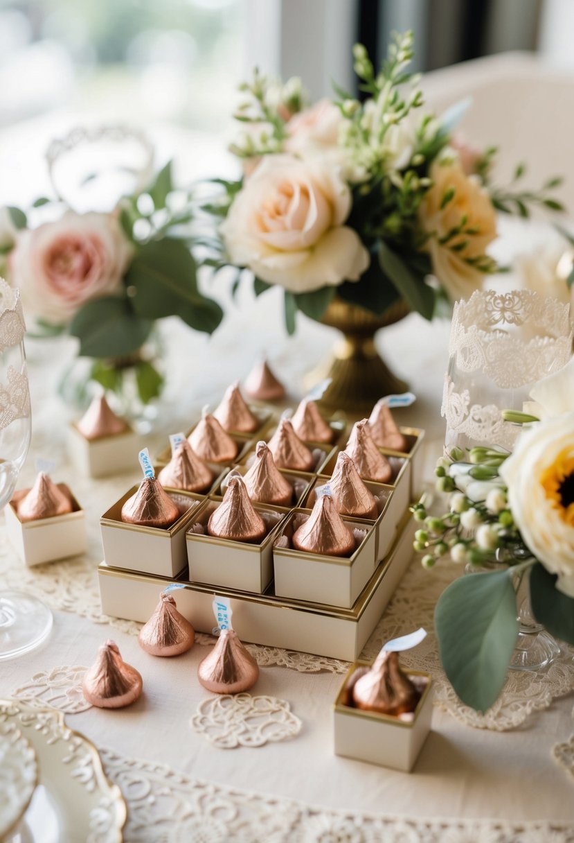 A table adorned with vintage favor boxes filled with Hershey's Kisses, surrounded by delicate floral arrangements and lace accents