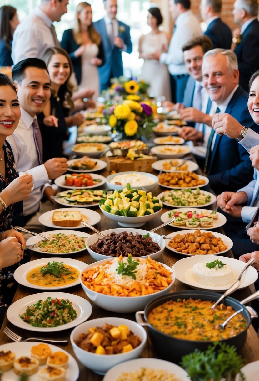 A table filled with a variety of dishes, from appetizers to desserts, surrounded by happy guests mingling and enjoying the potluck reception