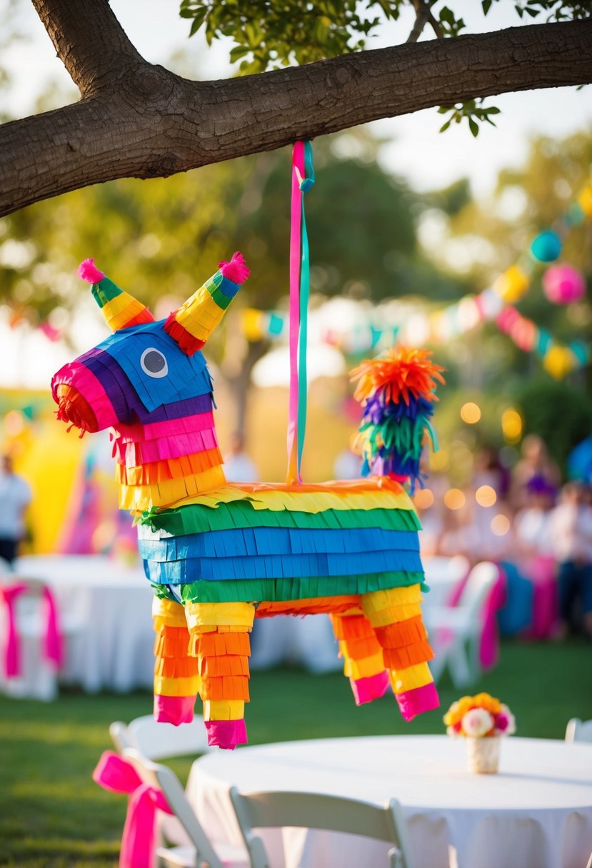 A colorful, handmade piñata hangs from a tree branch in a festive Mexican wedding setting