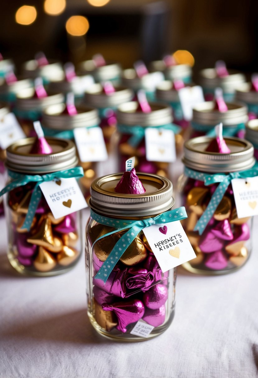 Mason jars filled with Hershey's Kisses, tied with ribbon and adorned with small tags, arranged on a table for wedding favors